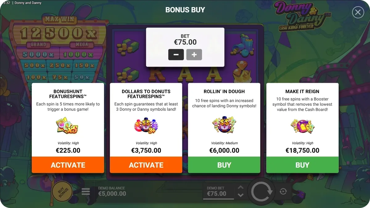 Pannello Bonus Buy di Donny and Danny con le quattro opzioni FeatureSpins