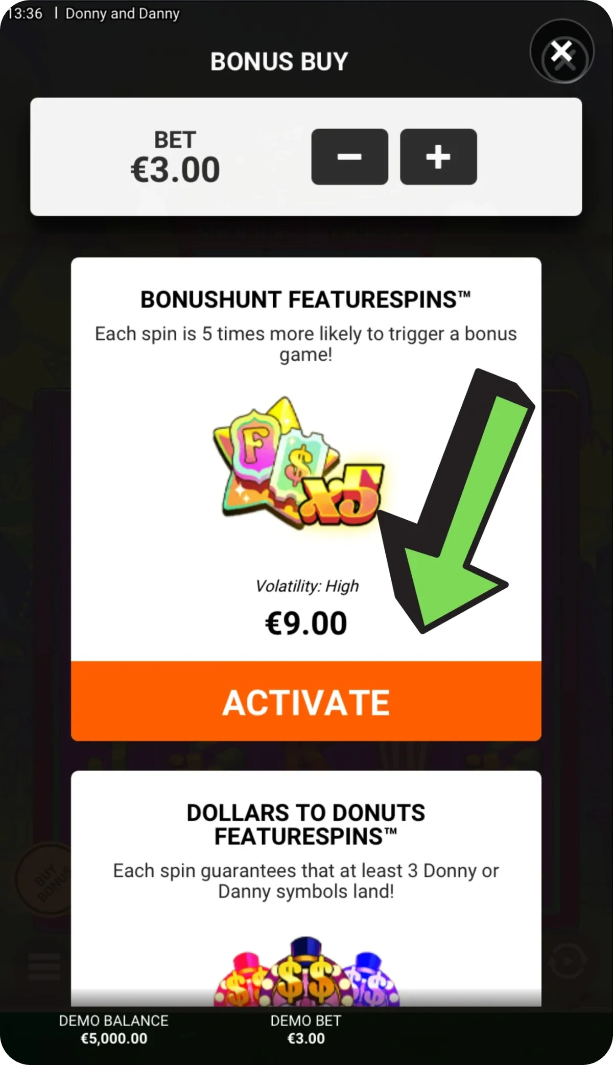 Pannello Bonus Buy nella versione mobile di Donny and Danny