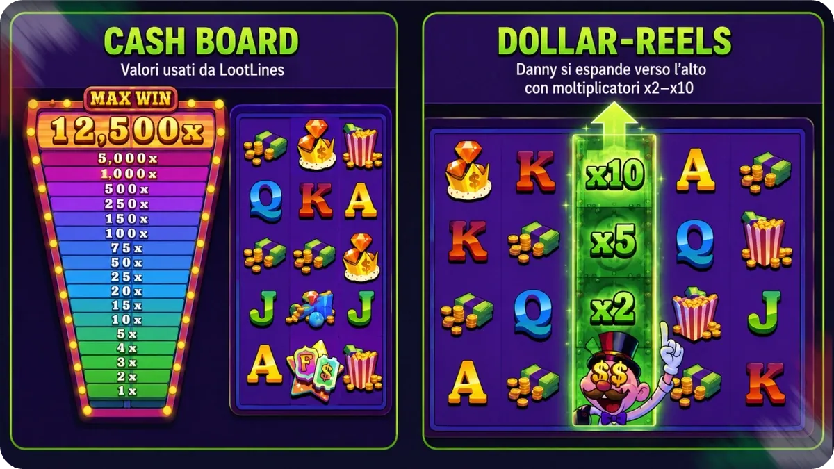 Cash Board e Dollar-Reels: valori da 1x a 12.500x e moltiplicatori x2-x10