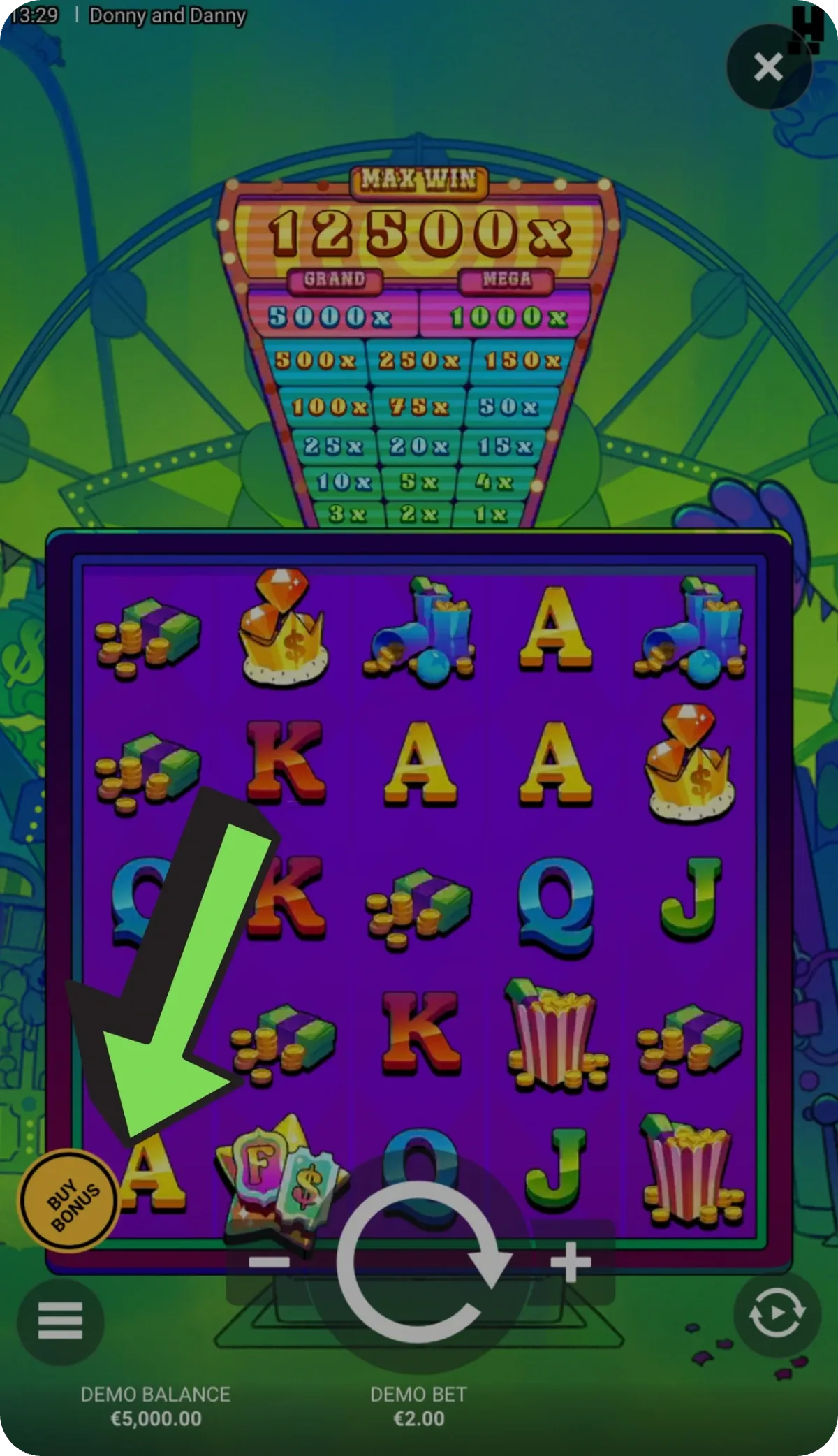 Pulsante Buy Bonus nella versione mobile di Donny and Danny