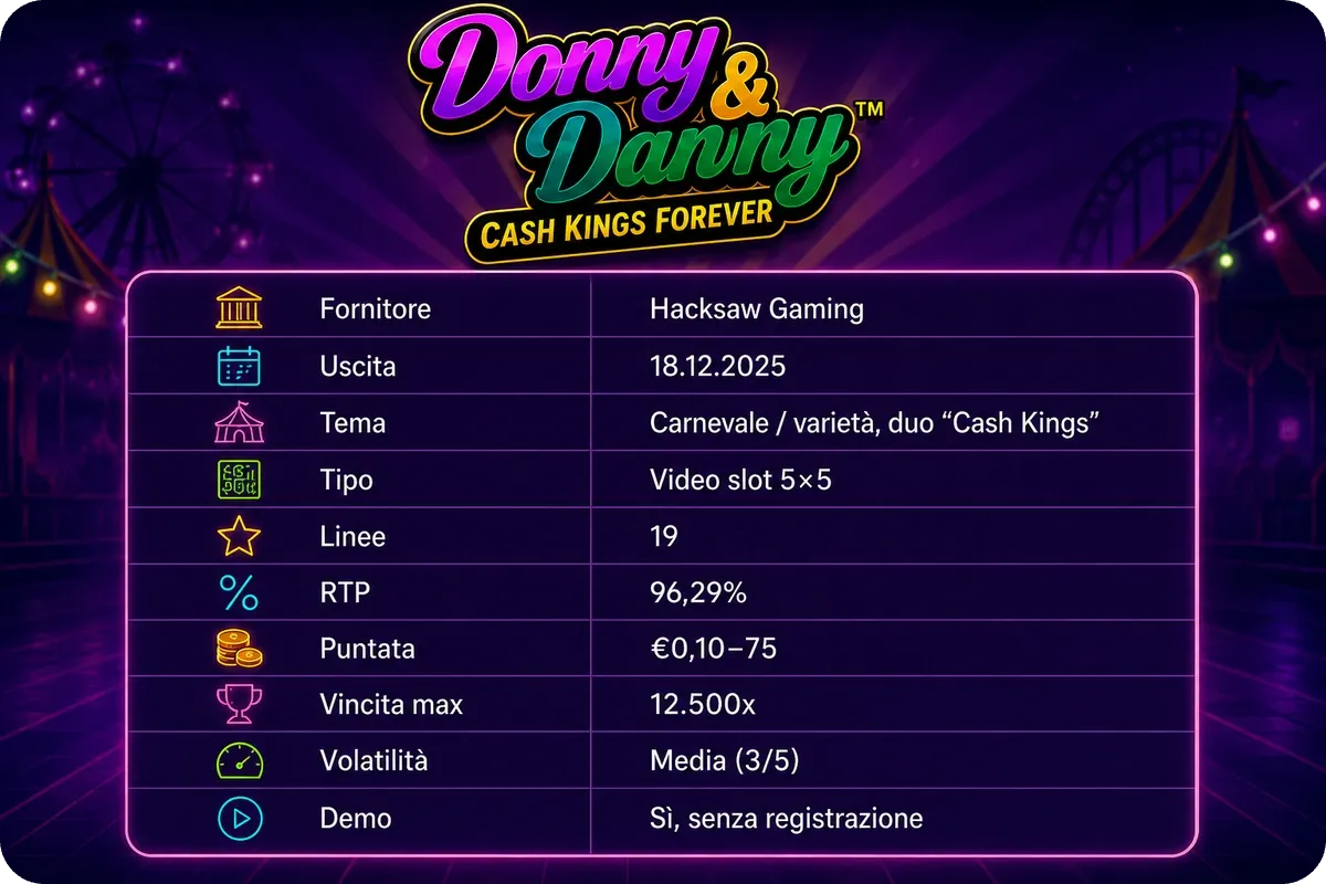 Donny and Danny scheda tecnica: RTP, linee e vincita massima